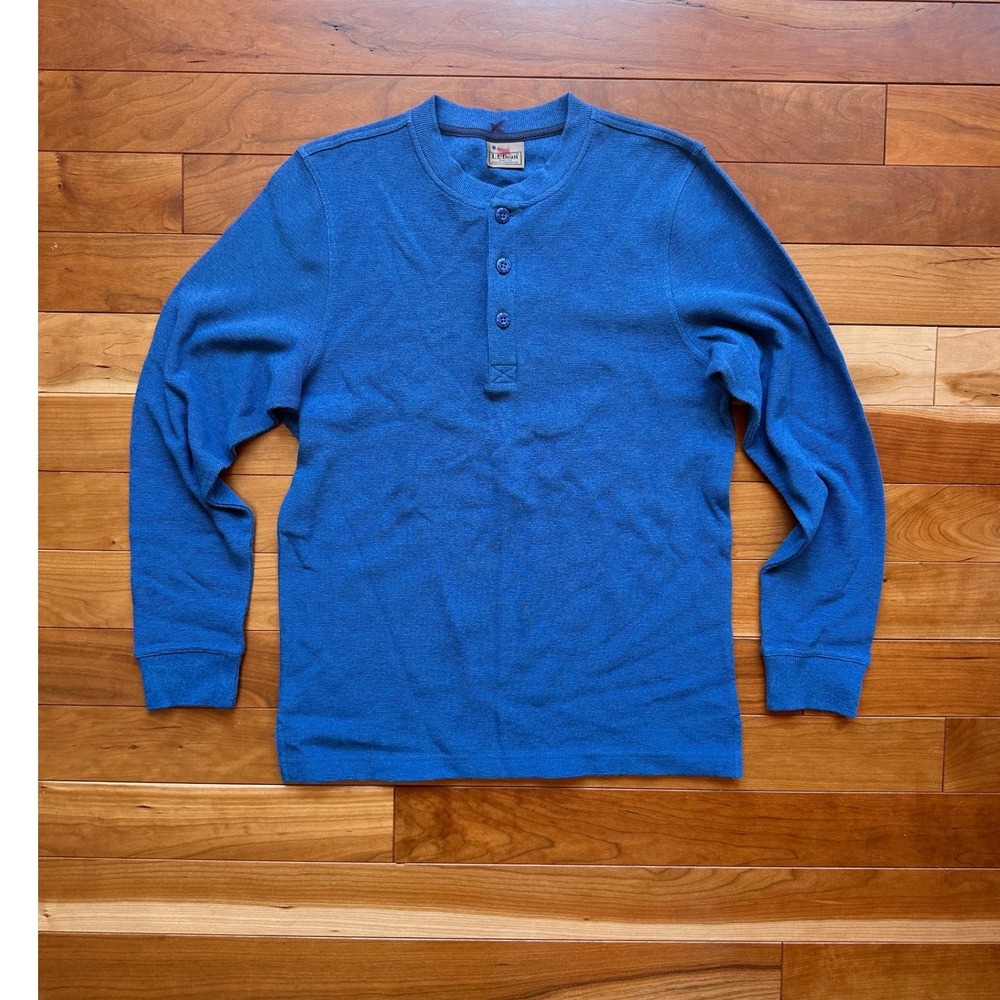 LL Bean Mens Henley Shirt Blue Waffle Knit Long Sleeve Pullover Regular Fit